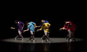 Ballet Hispánico dancers Antonio Cangiano, Dylan Dias McIntyre, Amir J. Baldwin (back), Omar Rivéra (front), Paulo Hernandez-Farella (back), Fatima Andere (front) in 'Sombrerísimo'. Photo by Rosalie O'Connor.