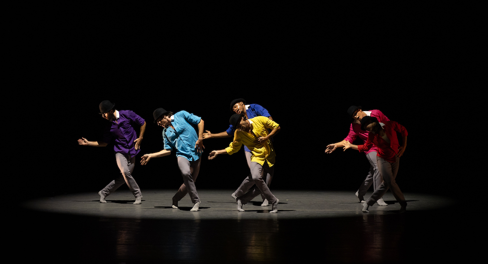 Ballet Hispánico dancers Antonio Cangiano, Dylan Dias McIntyre, Amir J. Baldwin (back), Omar Rivéra (front), Paulo Hernandez-Farella (back), Fatima Andere (front) in 'Sombrerísimo'. Photo by Rosalie O'Connor.