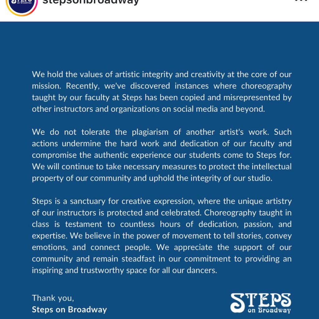 Instagram post by Steps on Broadway about choreographic plagiarism. 