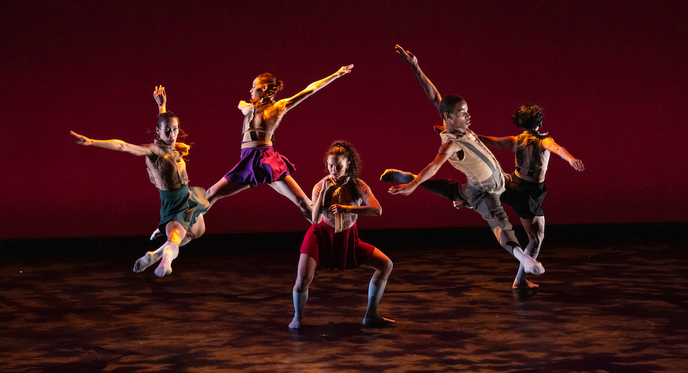 Malpaso Dance Company's Iliana Solis, Liz Marian Rodriguez, Laura Rodriguez, Dayron Dominguez and Daile Carrazana in Osnel Delgado's 'A Dancing Island'. Photo by Robert Torres.